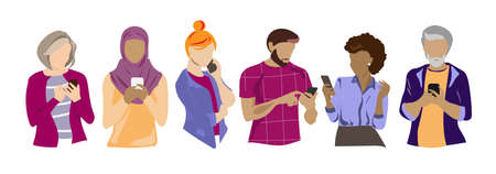 Multiracial young and old People use smartphone and Chatting. Collection of female and male characters. Vectorのイラスト素材