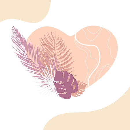 Abstract hearts in pink color doodle style on white background with tropical palm leaves. vector illustrationのイラスト素材