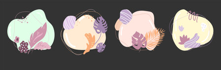 A set of background design with abstract shapes and lines, leaves and branches and flowers, plants.Vector illustration.のイラスト素材