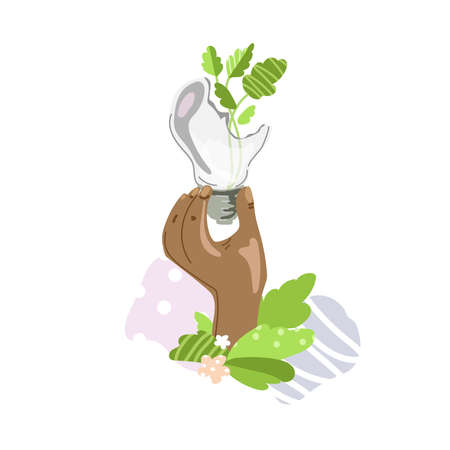 Hand holding broken light bulb and fresh green leaves plant inside drawing isolated on white background,Green energy.のイラスト素材