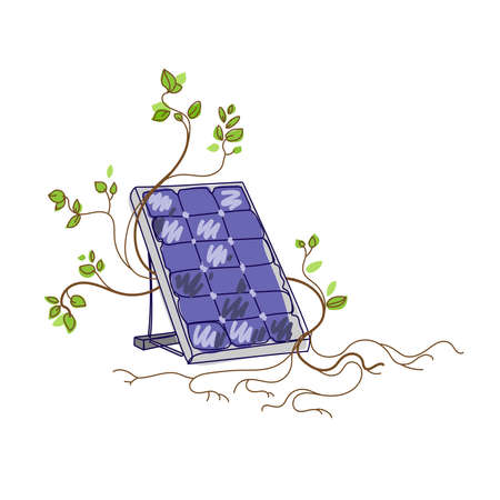 Solar panel with branches and leaves drawn in sketch style vector illustration
