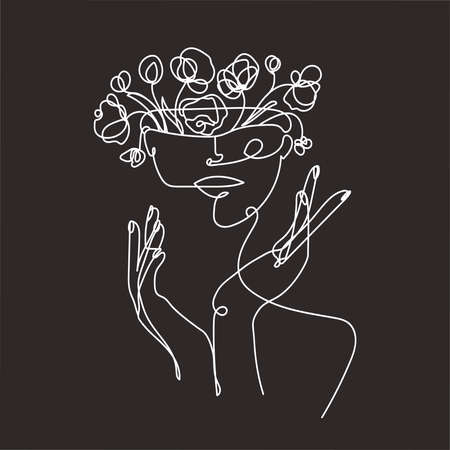 Abstract face with flowers by one line,vector illustration.Portrait in a minimalist style.のイラスト素材
