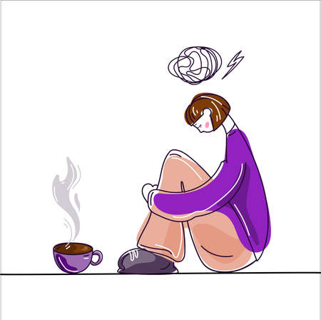 Young depressed sad woman sitting on the floor with a cup of tea and holding her knees .mental health problemsのイラスト素材