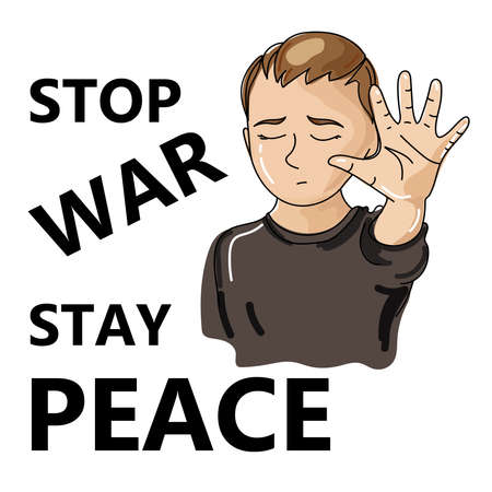 Stop war concept,Little child boy with raised hand cries and says stop war.vector illustrationのイラスト素材