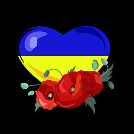 Ukrainian flag in the shape of a heart with red flowers poppies on a black background.Patriotic Ukrainian signのイラスト素材