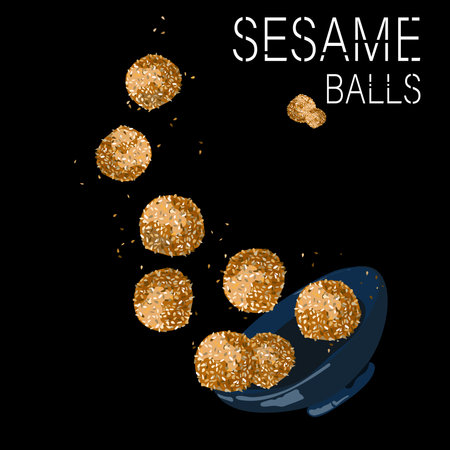 Traditional asian dessert, sesame ball flying from bowl on black background vector illustrationのイラスト素材