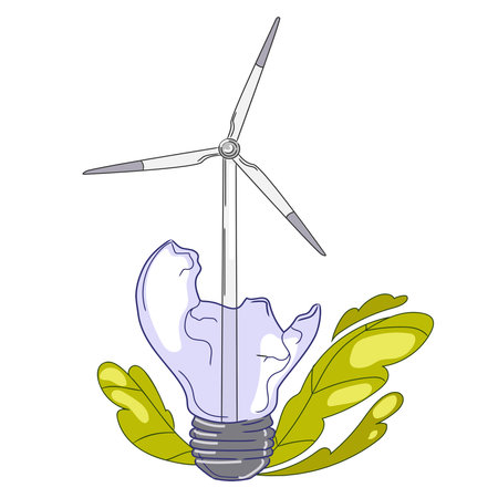 Wind alternative energy generator. Wind turbine in light bulb vector illustration isolated on white background.のイラスト素材
