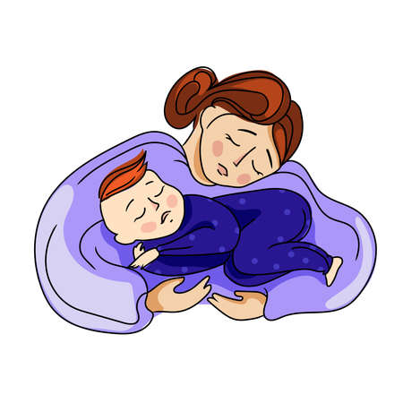 Mother and baby vector cartoon illustration.Happy mom hugging her sleeping baby image isolated on whiteのイラスト素材