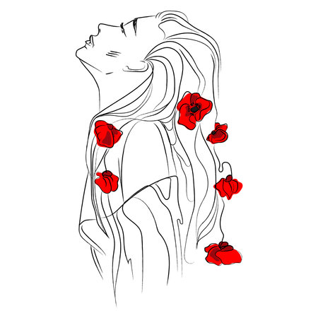 Line art beautiful girl with long hair and flowers poppies vetor.Woman abstract sketch.Hand drawnのイラスト素材