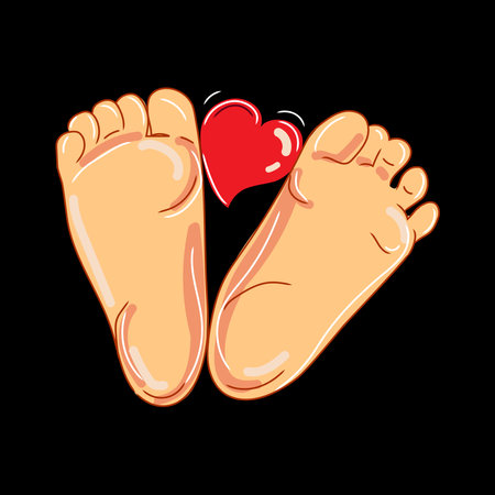 Vector cartoon baby foot with heart on black background.New born sign icon.Baby care concept.のイラスト素材