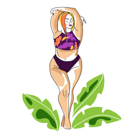 Beautiful female figure vector illustration isolated on white background.Vector logo template in simple minimal linear style.Curvy woman in swimsuit with botanical elements drawing.Body positivityのイラスト素材