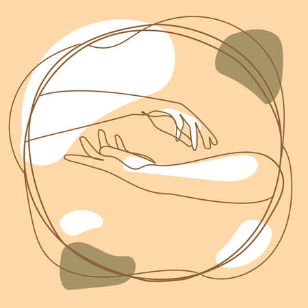 Two hands reaching out one line vector illustration on beige background with abstract organic shapes.Team communication abstract concept.Great design for print,banner,emblems,icons in minimal styleのイラスト素材