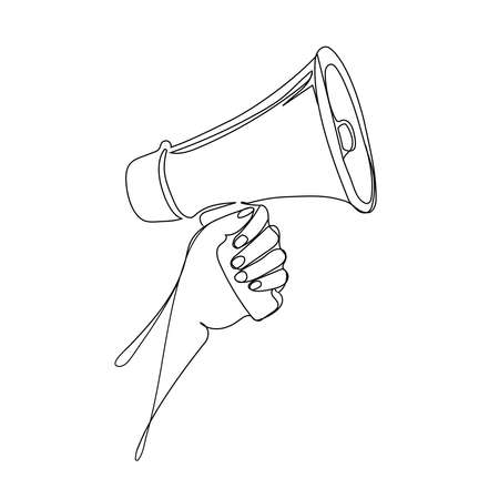 Hand hold megaphone Line art vector illustration. Marketing concept.loudspeaker with lightning.Symbols Speakerのイラスト素材