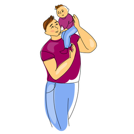 Father and child vector illustration isolated on white background. Greeting card with happy dad holding his cute child on shoulders. family spending time together.Father and son cartoon drawingのイラスト素材
