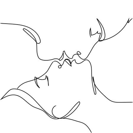 Kiss man and woman vector art line isolated doodle illustration.One line draw of kissing, single line sketch of lovers.Modern continuous line.Fashion print.のイラスト素材