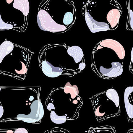 Abstract seamless pattern with pastel spots and shapes with different doodle frames on a black background. Creative textile, paper, wallpaper design.のイラスト素材