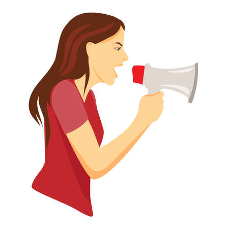 Woman activist screaming in megaphone vector flat illustration.Women rights protection conceptのイラスト素材