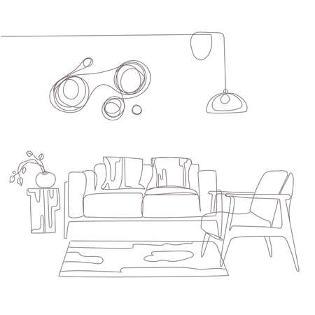 Modern Living room interior outline sketch vector drawing..Japandi style interior line art.Minimal artのイラスト素材