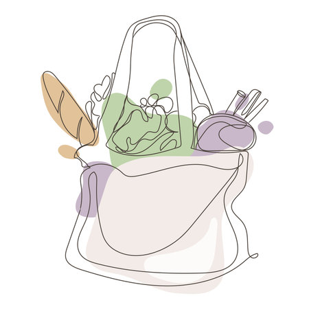 Eco bag full off various fresh food minimal art drawing Vector illustration on white background.Shopping bag, product package line abstract logo icon.Ecology friendly shopping.Emblem designのイラスト素材