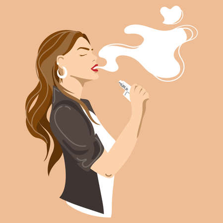 Stylish young woman smoking vape ,electronic cigarette and holds a vaporizer smoking device in her hand vector illustration. People Enjoying Vaping.Template advertising poster.Hipster lifestyleのイラスト素材