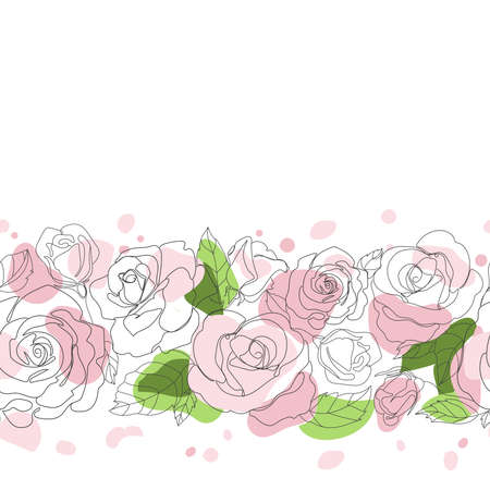 Roses line drawing seamless border with pink spots petals on white .Vector roses horizontal border,seamless floral texture for decoration design.Wedding card decoration.Garden botanical wallpaperのイラスト素材