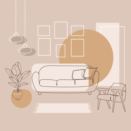 Modern design living room interior line art drawing in abstract style in pastel natural colors,vector graphic.Furniture,sofa,armchair,chandeliers,blank pictures,houseplant.Minimal interior designのイラスト素材