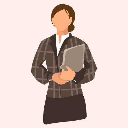 Business woman in a plaid suit with a folder Flat vector illustration .Woman office worker portrait.Teacher. Female entrepreneur with folder in hands.のイラスト素材
