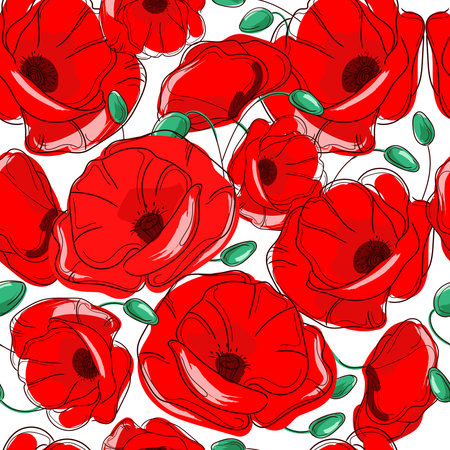 Red Poppy seamless pattern vector repeating texture. Red poppies flowers on white background,hand drawing.のイラスト素材
