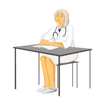 Female doctor with a stethoscope and in a spruce medical coat sits at a table and writes vector illustration.Cartoon character cute female doctor illustration isolated on white backgroundのイラスト素材