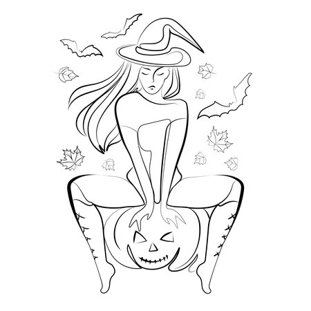 Witch in witch hat sitting on Halloween pumpkin lantern vector Line art illustration on white background.Witch woman with bats and autumn leaves black and white sketch .Halloween design conceptのイラスト素材