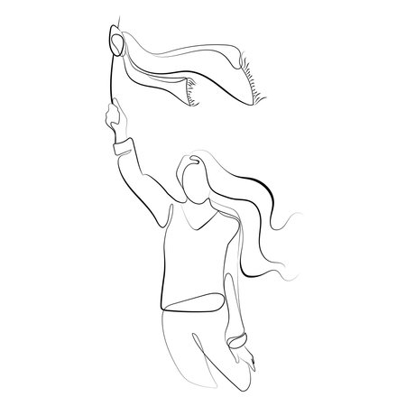 Iranian women protest against hijab,vector illustration.Iranian woman with flowing hair holding a hijab tied on a stick Line art drawing,minimalist style.Equal rights of women conceptのイラスト素材