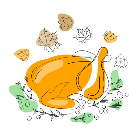 Baked turkey for Thanksgiving Day liner drawing vector.Traditional food.Thanksgiving Turkey or Fried chickenのイラスト素材