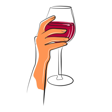 Hand with glass of red wine modern liner illustration in minimalist style vector illustration.Glass of wine in female hand abstract art design,linear template logo or emblem.wineglass trendy printのイラスト素材