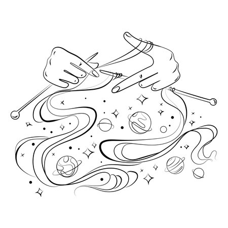 Hands with knitting needles knit space,planets,stars,outer space Line art vector illustration.Creative idea for emblem,logo,print,tattoo.Abstract fantastic illustration sketch drawingのイラスト素材