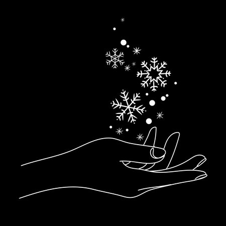 Snowflakes on a female hand Line art drawing on a black background vector illustration. Snowflakes fall on the palm sketch drawing. Winter decoration design element. New Year and Christmas conceptのイラスト素材