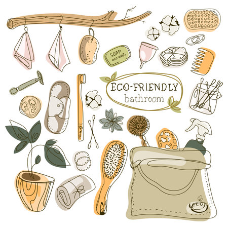 Reusable products. Zero waste durable items bathroom and hygiene set doodle drawing,vector illustration.Items collection made of bamboo, metal and other environmental materials Eco friendly conceptのイラスト素材