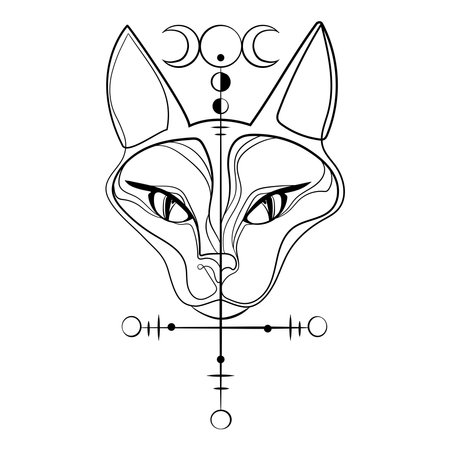 Sphinx cat head with accult symbol triune moon Logo,icon emblem template.Portrait of sphinx cat Line art drawing with mystical symbols.Tattoo idea.のイラスト素材