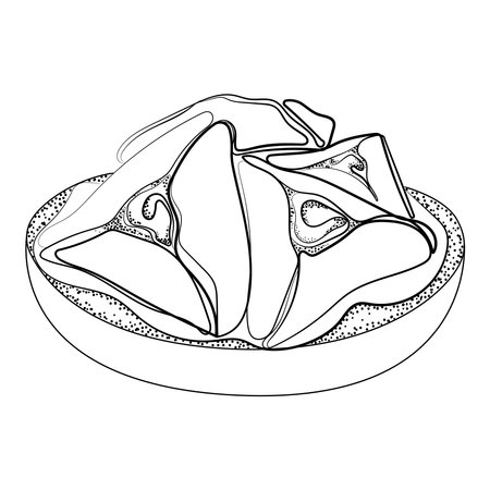 Hamantaschen cookies in plate Line art drawing vector illustration.Traditional treats for the Jewish festival of Purim.Black and white seketch with hamantaschen cookies dessertのイラスト素材