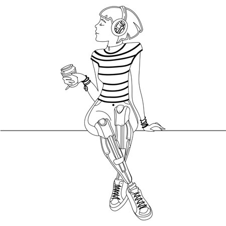Happy girl with prosthetic legs drinking coffee and enjoying life Line art drawing vector illustration.Young disabled woman with a prosthetic lower limb.Modern disabled people.New technologiesのイラスト素材