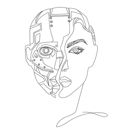 Artificial intelligence concept.Head of robot with half of female face Liner vector illustration.Future technology and machine.Electronic circuit connection.Smart cyber mind education.Black and whiteのイラスト素材