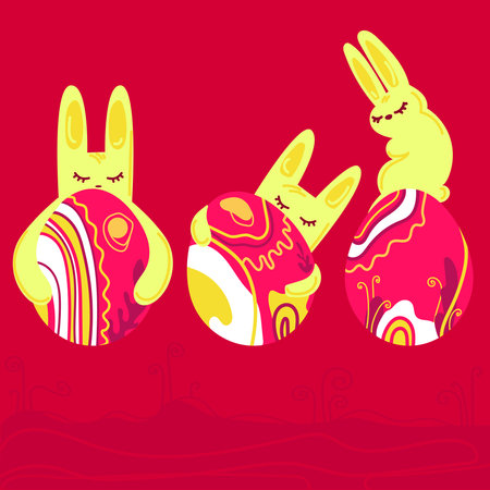 Happy Easter concept.Three Easter bunnies with colored eggs,trendy Viva Magenta color background vector .Rabbits setのイラスト素材