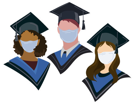 Graduated students of different nationality wearing academic hat and medical masks flat vector illustration.のイラスト素材