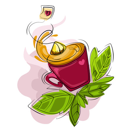 Cup of hot tea drink with green tea leaves emblem,logo,sticker,icon design template .vector creative illustrationのイラスト素材
