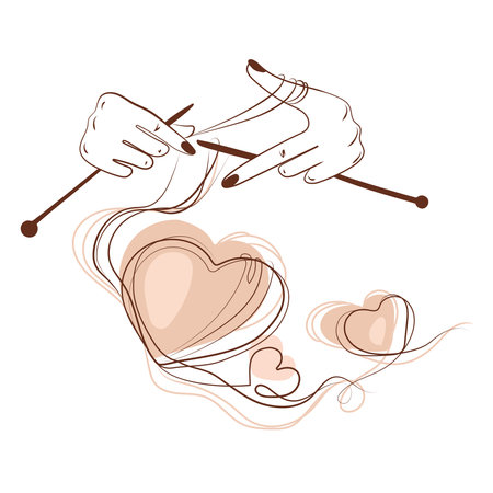 Female hands knitting hearts Line art drawing.Contemporary design vector illustration.Valentines Day.Knitting hobbyのイラスト素材