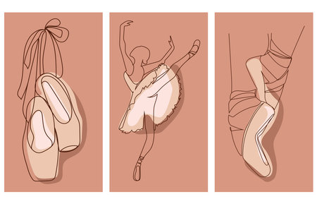 Ballet,ballerina,pointe shoes Line art drawing Cover design template vector illustration set.Beautiful abstract postersのイラスト素材