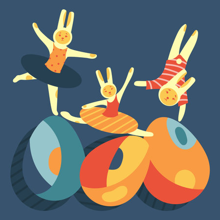 Happy Easter banner.Trendy Easter design with rabbits and eggs geometric shapes Modern Retro aesthetic style.Cute Dancing rabbits,bunnies acrobats on eggs poster,greeting card,web,print.Vectorのイラスト素材