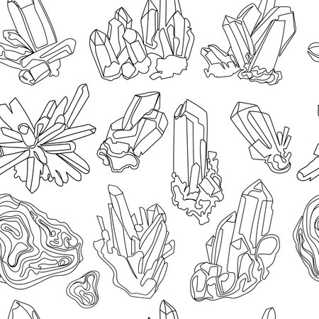 Crystals and natural minerals seamless pattern Line art drawing in doodle style vector illustration.Gemstones sketchのイラスト素材