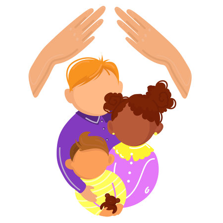 Diverse children of different nationality hug each other together vector.Childrens day conceptのイラスト素材