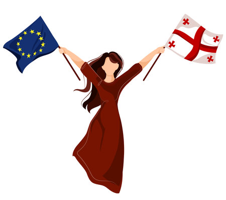Protests in Georgia 2023.Georgian woman activist with Georgian flag and EU flag in her hands.Georgia Revolution vectorのイラスト素材