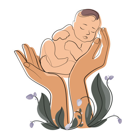 Newborn baby in female hands of mother or midwife line vector illustration.Baby birth. Midwife Day conceptのイラスト素材